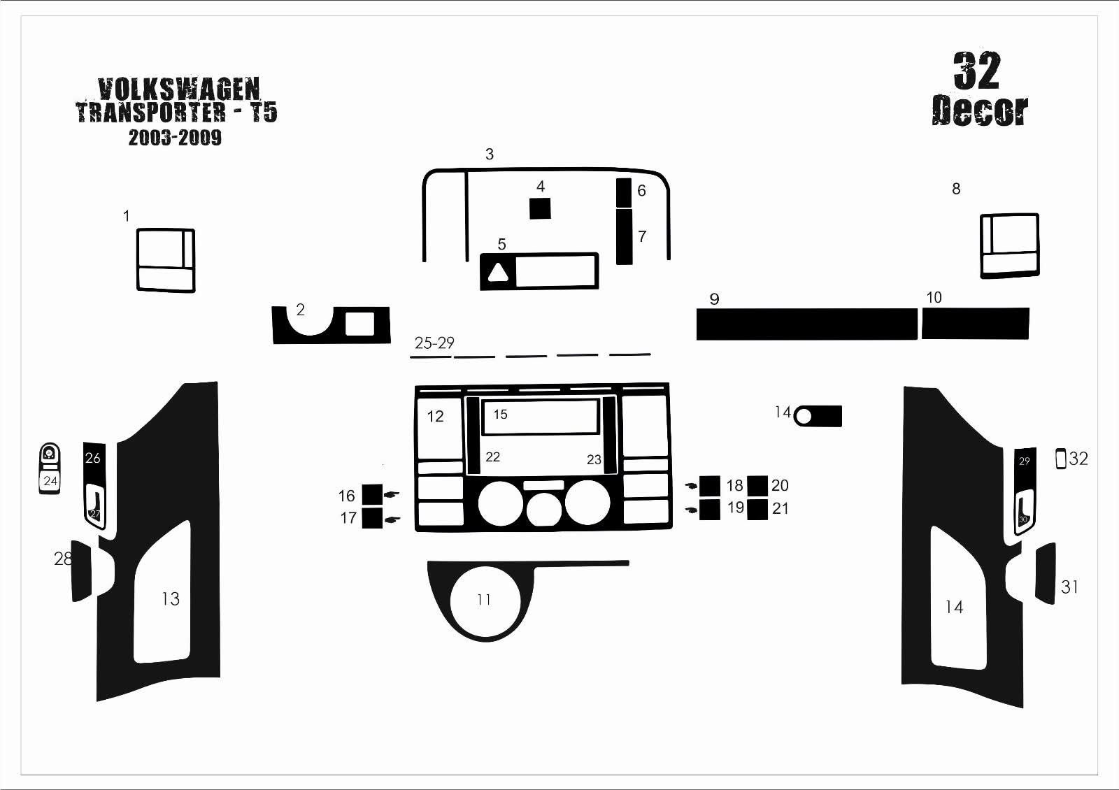 Volkswagen Transporter T5 Konsol-Torpido Kaplama 2003-2009 32 Parça Full Set