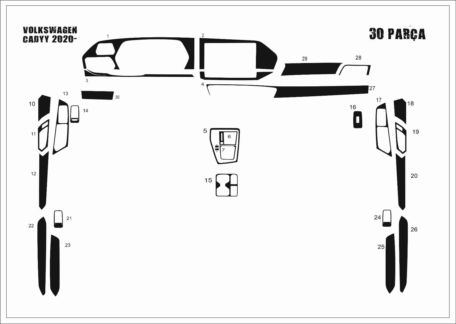 Volkswagen Caddy Konsol-Torpido Kaplama 2020- 30 Parça Maun Kaplama